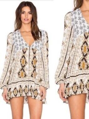 Free People Cream Printed V-Neck Boho Tunic